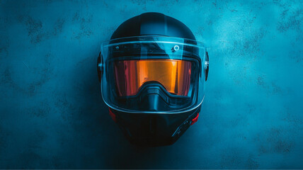 Visor, A black helmet with a clear visor and orange-tinted lens, positioned against a textured blue background. The helmet has a sleek design, with subtle reflective surfaces and a modern aesthetic