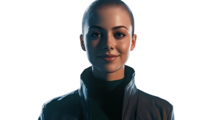 A confident woman with a modern look, showcasing a subtle smile and characterized by her professional attire against a clean isolate background.