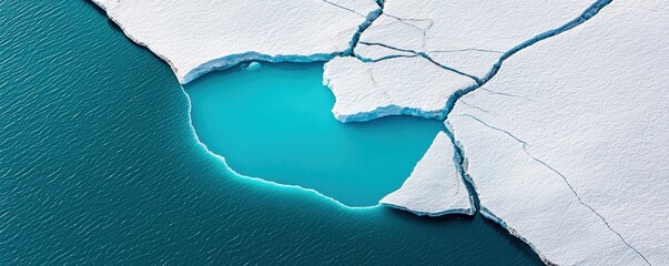 Global warming carbon crisis concept. Melting ice reveals turquoise water, showcasing the impact of climate change on polar landscapes.