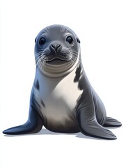 Adorable Baby Seal Pup - A cute baby seal pup sits on a white background, looking directly at the camera.  Its fur is dark grey and light grey.