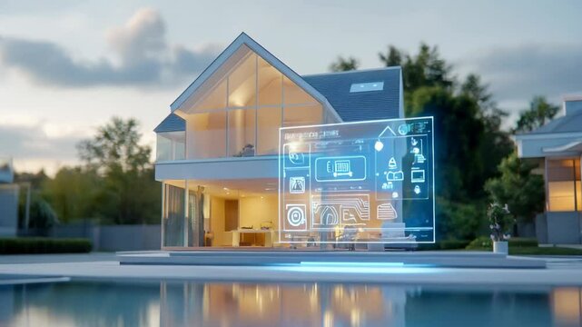 A sleek smart home with a central control panel managing lighting, temperature, and security systems, visualized through holographic icons and a futuristic design