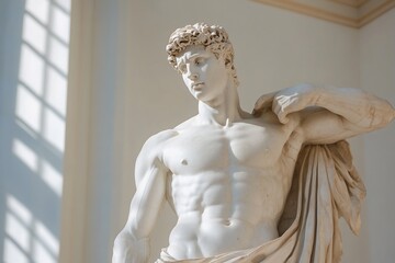 Close-up of a classic marble statue of a muscular male figure, draped in cloth, illuminated by sunlight.