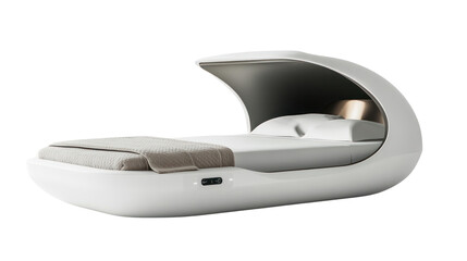 Modern futuristic sleeping pod designed for relaxation and comfort. Ideal for wellness spaces and innovative living environments.