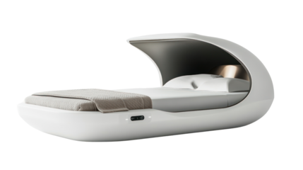 Modern futuristic sleeping pod designed for relaxation and comfort. Ideal for wellness spaces and innovative living environments.
