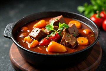 Delicious beef stew with fresh vegetables served in a cast iron pot.