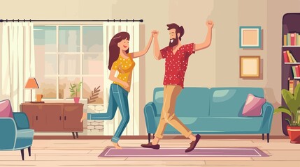 Joyful Couple Dancing in Cozy Home Cartoon Vector Illustration