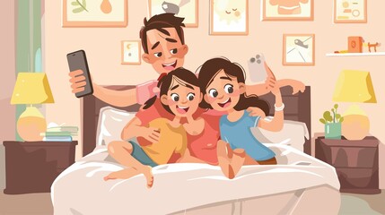 Cheerful Family Capturing Memories with Selfie on Bed at Home Cartoon Vector