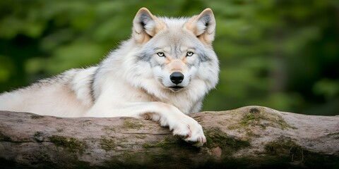 Fototapeta premium A close-up of a majestic wolf resting on a log, showcasing its striking fur and focused expression against a blurred green background. Concept Majestic Wolf, Close-Up Photography