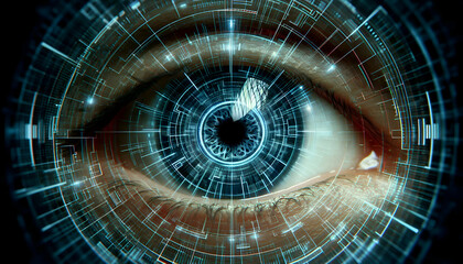 A hypnotic digital eye facing the camera, staring, observing and analyzing the viewer
