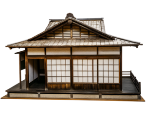 Japanese  wooden house with sliding shoji screens on transparent background, historic building