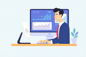 Financial Analyst at Work: A focused businessman sits at his desk, reviewing financial data on a large computer screen filled with graphs and charts, showcasing dedication and precision in his work.