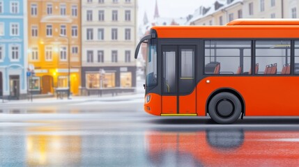 Fototapeta premium City Bus in Winter Scene - An orange city bus on a snowy street, with blurred buildings in the background. Clean and modern public transportation.