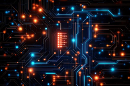 Abstract digital circuit background with lights.
