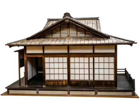 Japanese  wooden house with sliding shoji screens on transparent background, historic building