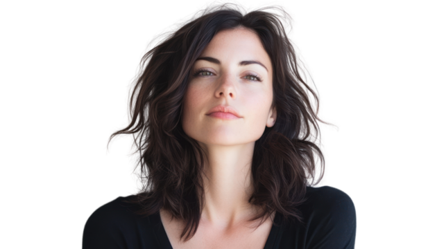 Confident woman with curly hair, gazing thoughtfully with a soft expression against a white isolated background.