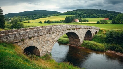 Fototapeta premium Stone Arch Bridge Spanning a River in a Rolling Green Landscape