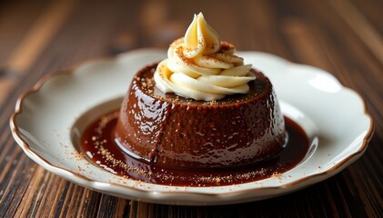 Delicious chocolate dessert with cream topping served on a rustic plate.