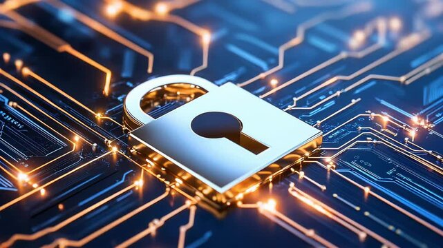 A digital lock icon surrounded by swirling data streams, all secured and monitored by an AI system with a glowing interface that constantly adapts