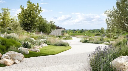 Eco-friendly garden greenery walls in an urban setting Serene garden path with lush greenery and stones under a blue sky.