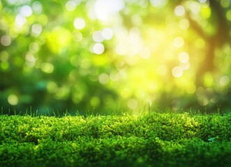 Obraz premium Beautiful green moss background with blurred bokeh, close-up, macro shot. Nature background. Forest floor, green grass. 