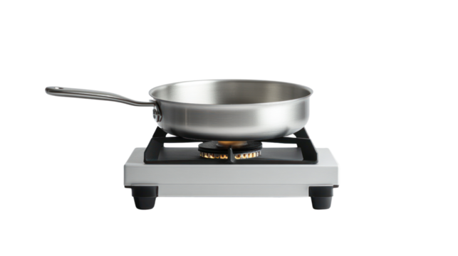 Modern stainless steel frying pan on a portable gas stove, isolated on a white background, perfect for cooking and culinary presentations.