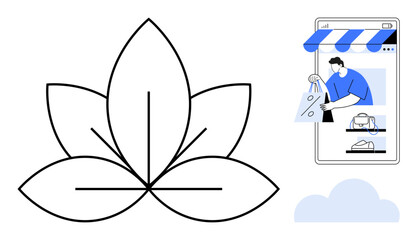 Large outlined leaf design beside a smartphone screen with a man online shopping. Ideal for e-commerce, nature connection, digital retail, sustainability, modern business, online shopping