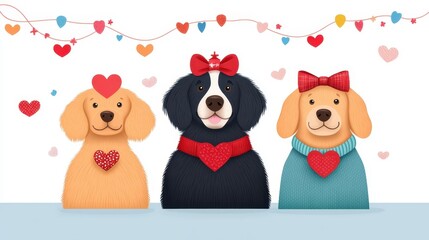 Fototapeta premium Three playful dogs with hearts and bows.