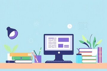 Modern Workplace: A minimalist and colorful illustration depicting a clean desk workspace with a computer, books, plants, and a lamp. This vector image is ideal for promoting productivity.