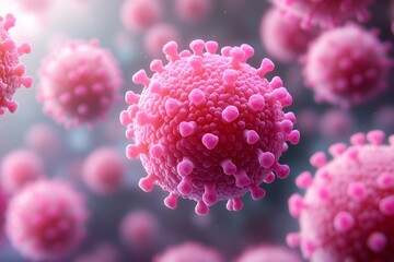 Microscopic View of Viruses with Vibrant Pink Spikes for Scientific and Educational Use