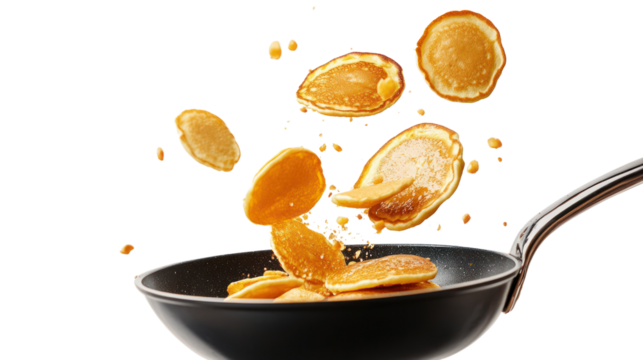 Golden pancakes flipping in a frying pan, showcasing a delicious breakfast treat that appeals to food enthusiasts.