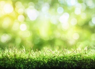 Obraz premium Beautiful green moss background with blurred bokeh, close-up, macro shot. Nature background. Forest floor, green grass. 