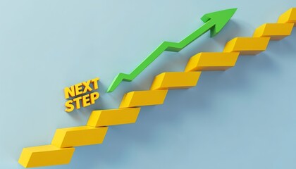  a staircase with a green arrow, 'NEXT STEP' in yellow typography, minimalist design, light blue background, career progression, motivational graphic