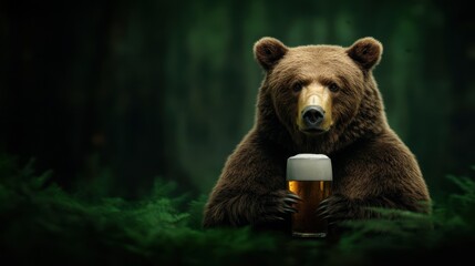 A bear enjoying a cold beverage in the forest.