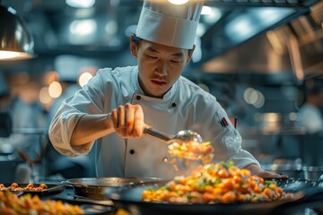 Young Asian chef expertly preparing a mycoprotein dish in a modern restaurant kitchen, with bright professional lighting.