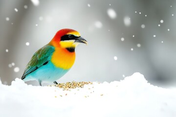 Obraz premium Colorful Bird in Snowy Landscape During Winter