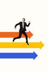 Obraz premium Vertical photo collage of happy businessman run arrow development pointer success variant growth promotion career direction
