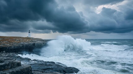 A Lighthouse on a Rocky Coast With Large Waves Crashing Under a Stormy Sky