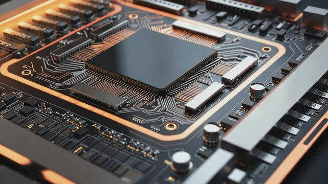 High-Performance Processor: Close-up view of a powerful central processing unit (CPU) integrated onto a sophisticated motherboard, showcasing intricate circuitry and advanced technology.