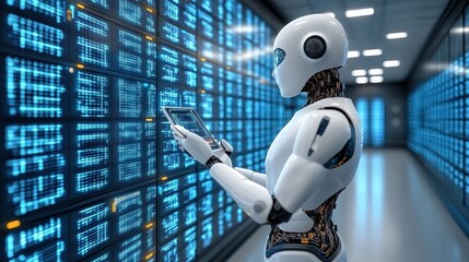 Futuristic robot working in data center.