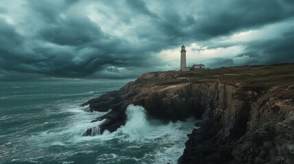 A Lighthouse on a Cliffside Overlooking a Stormy Sea