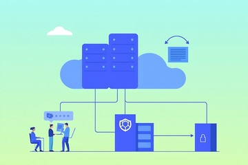Fototapeta premium Cloud Computing Security: A stylized illustration depicting a robust cloud computing system with multiple security measures in place. It shows data centers connected to a cloud, data transfer.
