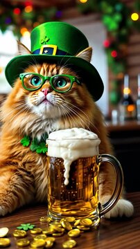 Fluffy ginger cat wearing green leprechaun hat and glasses with shamrock necklace celebrates st. patrick's day next to a foamy beer mug and gold coins concept of festive feline fun