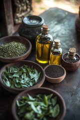 Various herbs in wood bowls and glass bottles on table.