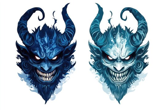 Blue devil heads with horns