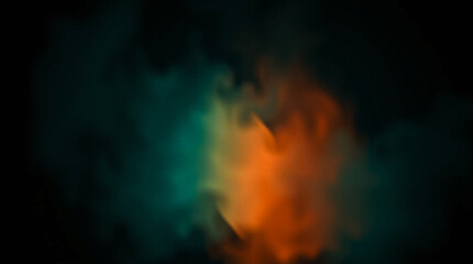 Fototapeta premium Warm terracotta and cool teal. Contrasting chiaroscuro lighting. green and orange color radiance. Soft texture on dark black abstract background. Neon blur glow. Color light overlay. Copy space.