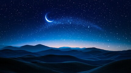 Obraz premium Crescent Moon Over Rolling Hills Under Starry Night Sky