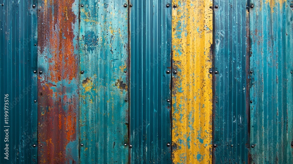 Poster colors dance across the surface of corrugated metal sheets, revealing an array of textures and tones