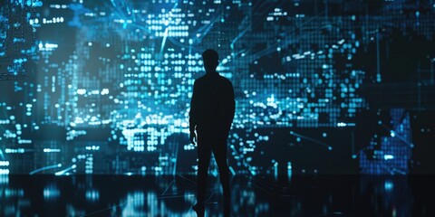 A person integrated with digital elements in a cutting-edge city, where advanced technology and virtual environments blend together.