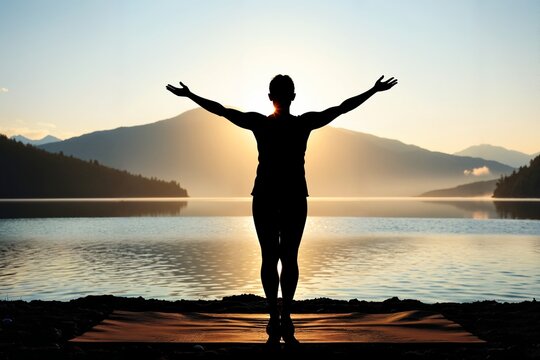 Der Schatten einer Person auf einer Yogamatte zeichnet sich vor einem stillen See im Sonnenaufgang ab, umgeben von nebelverhangenen Bergen. Das Bild symbolisiert Balance, Achtsamkeit und innere Stärke