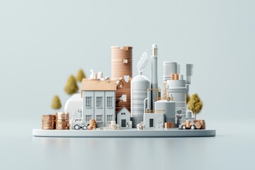 A miniature industrial complex featuring various buildings, silos, and trees, showcasing a blend of modern and vintage architectural styles.